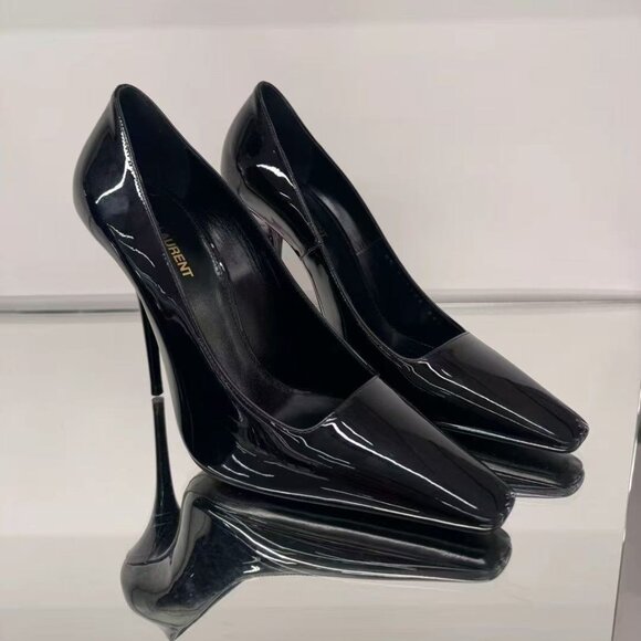 NIB Auenthic Saint Laurent Square Toe Black Pump Heel Sandal - Picture 2 of 3